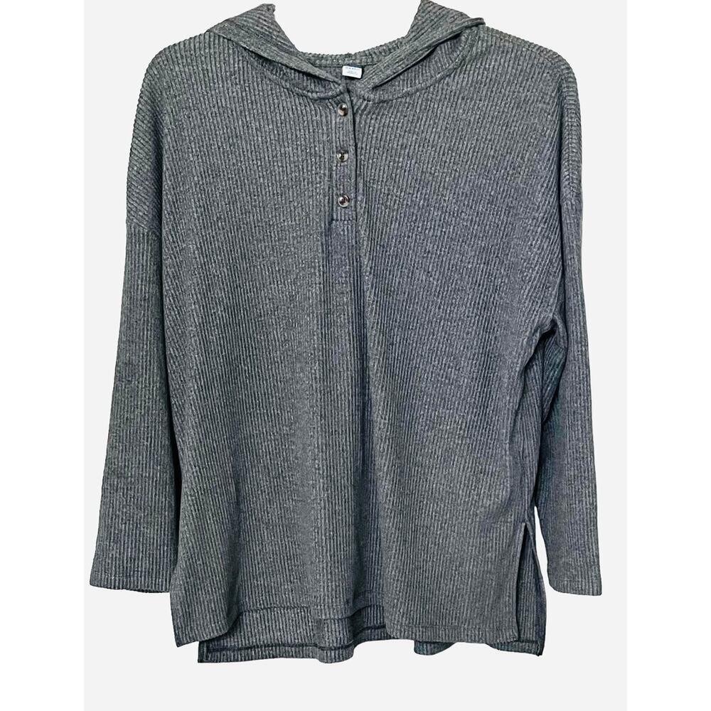 OLD NAVY LONG SLV PULL-OVER RIBBED KNIT SWEATER HOODIE, WOMENS, L, GREY-BUTTONS